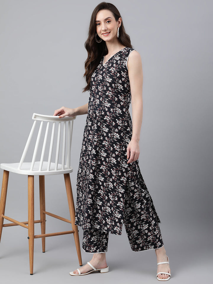 Black Cotton Floral Print Kurta & Pant Set