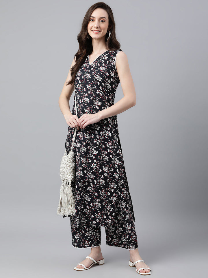 Black Cotton Floral Print Kurta & Pant Set