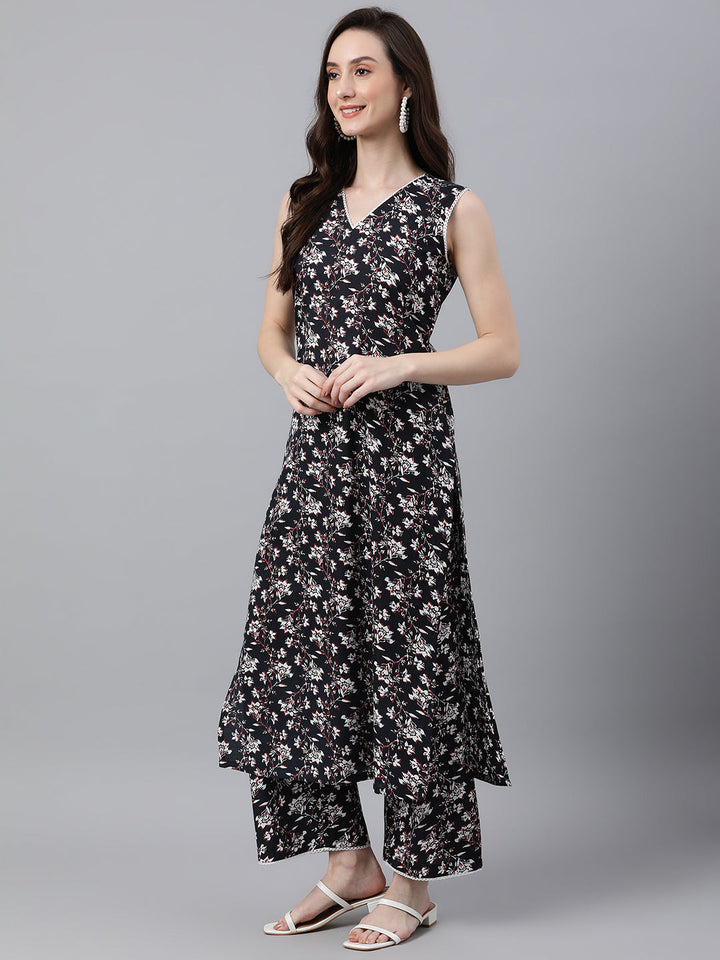 Black Cotton Floral Print Kurta & Pant Set