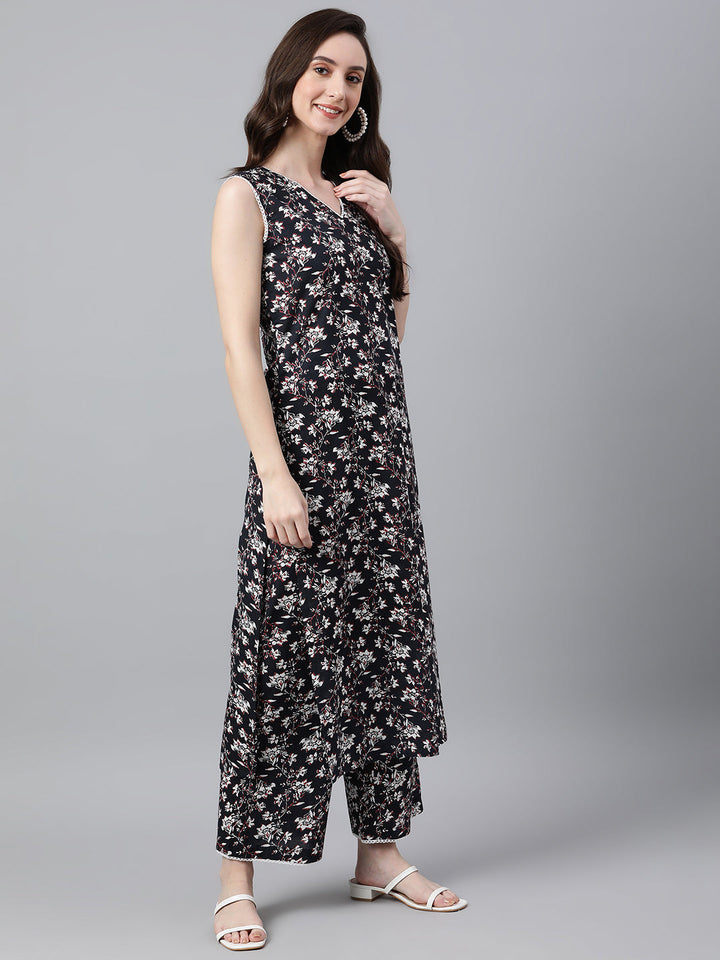 Black Cotton Floral Print Kurta & Pant Set