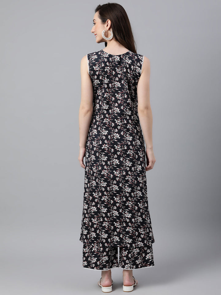 Black Cotton Floral Print Kurta & Pant Set