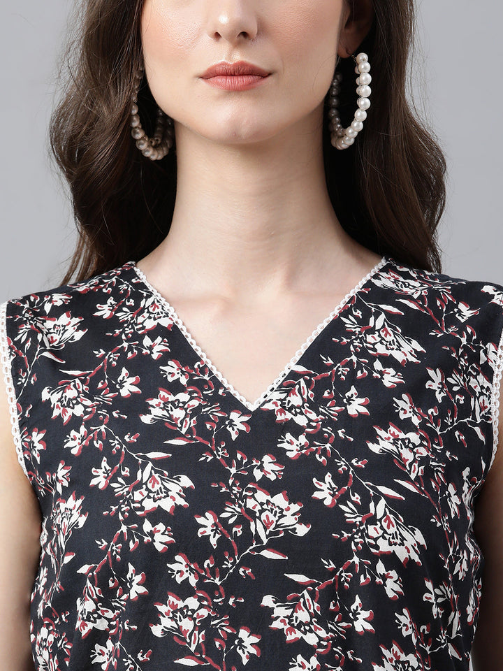 Black Cotton Floral Print Kurta & Pant Set