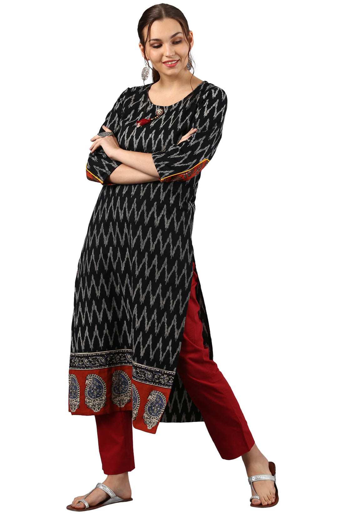 Black Cotton Ikat Straight Kurta