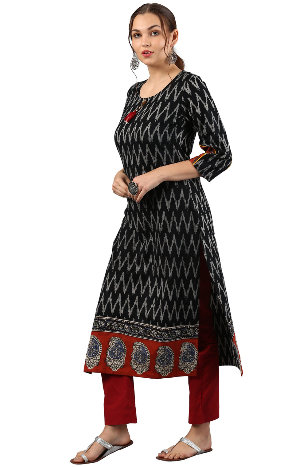 Black Cotton Ikat Straight Kurta