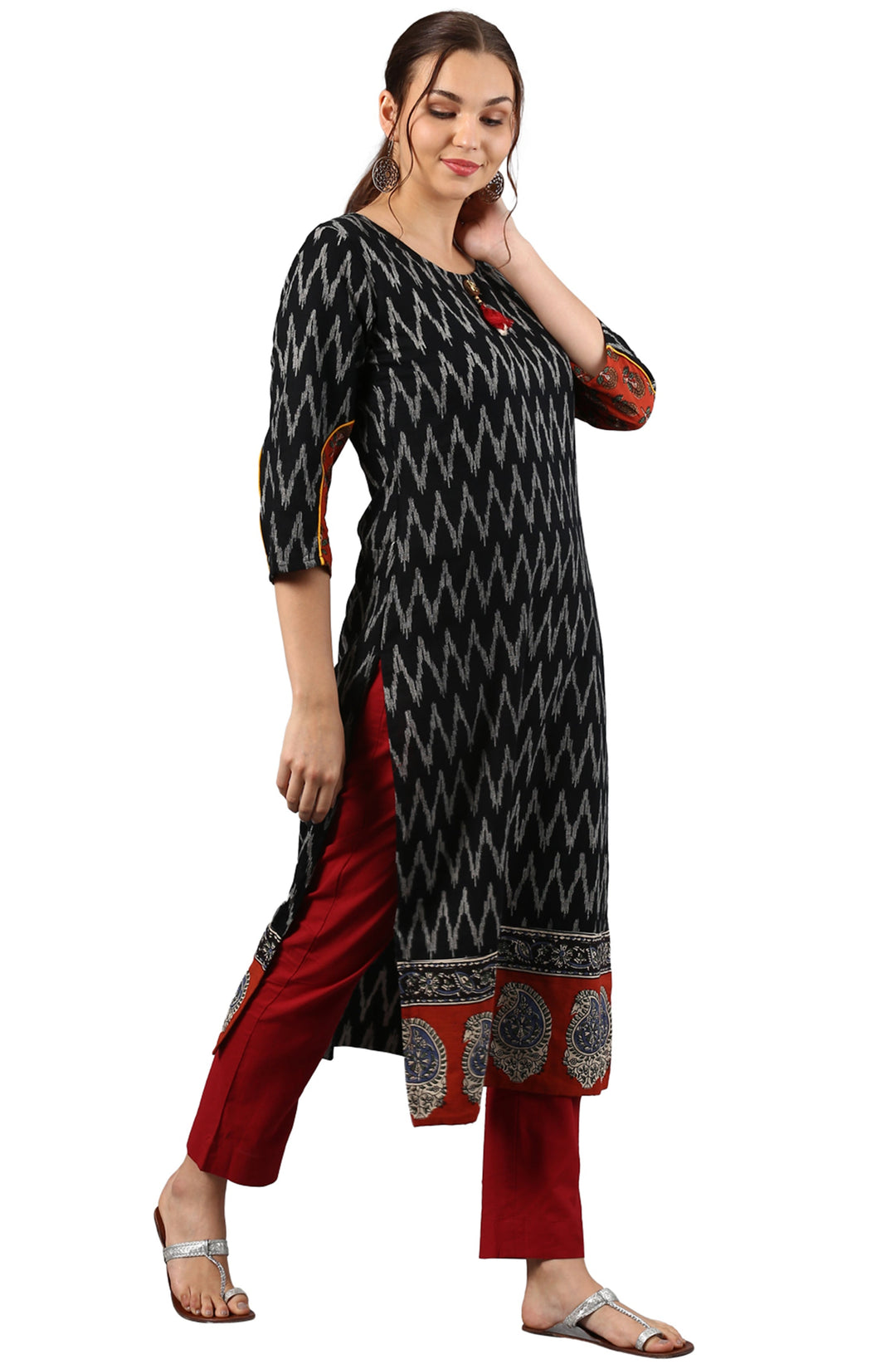 Black Cotton Ikat Straight Kurta