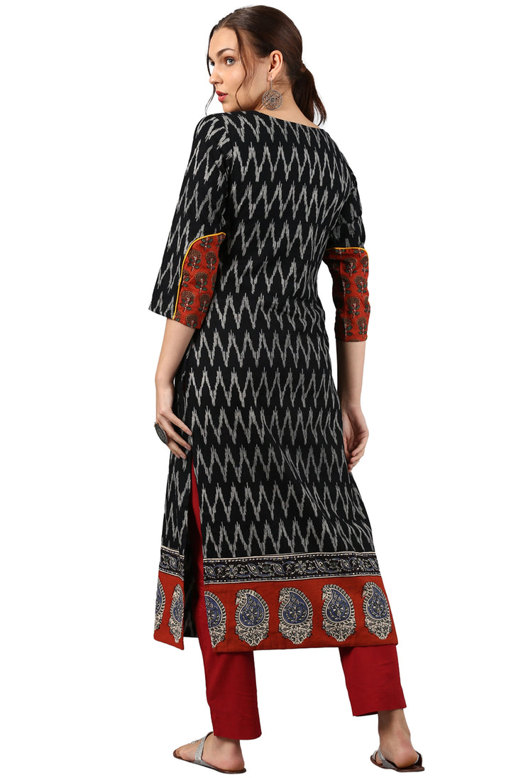 Black Cotton Ikat Straight Kurta