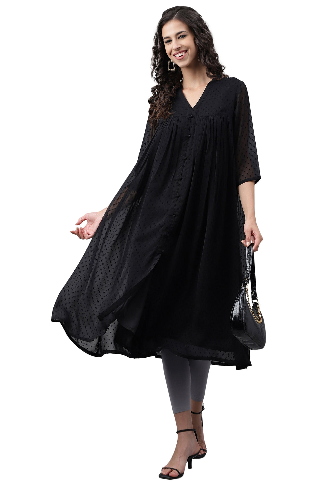 Black Dobby Chiffon Self-Design Empire Kurta