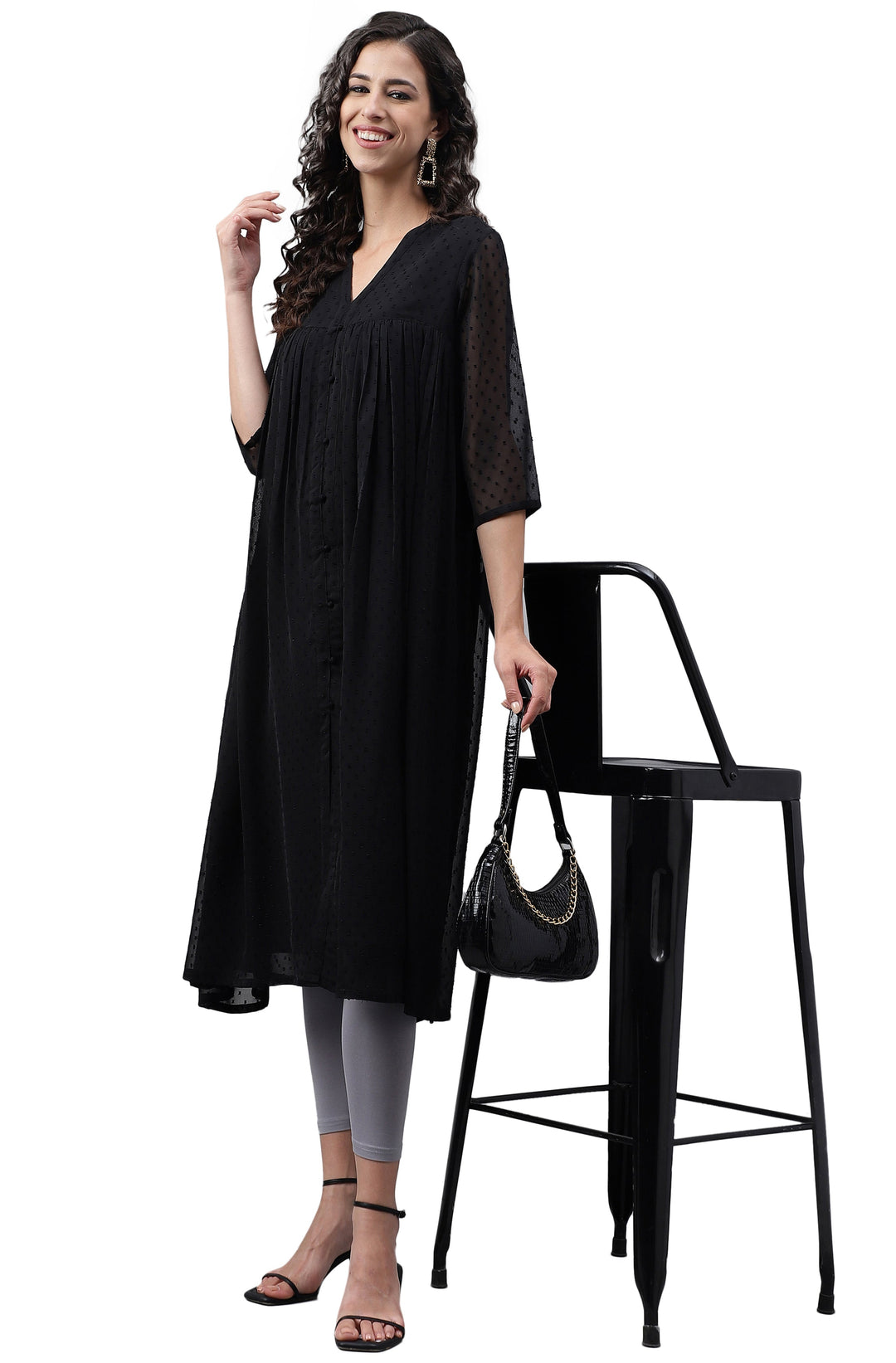 Black Dobby Chiffon Self-Design Empire Kurta