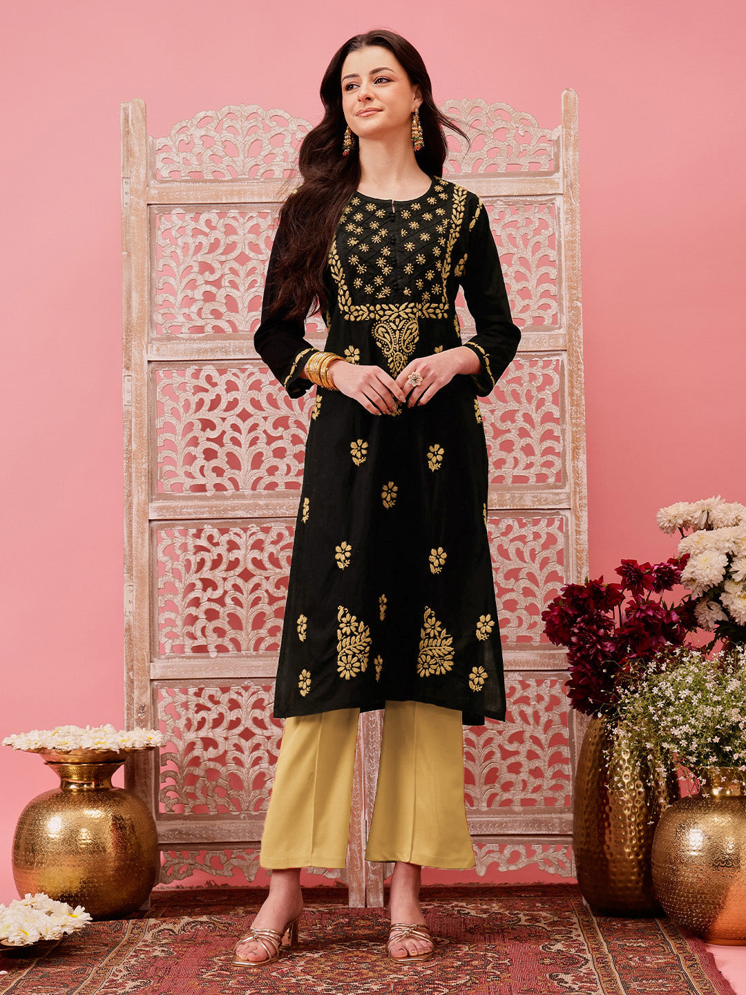 Black-&-Fawn-Cotton-Embroidered-Chikankari-Kurta-Only