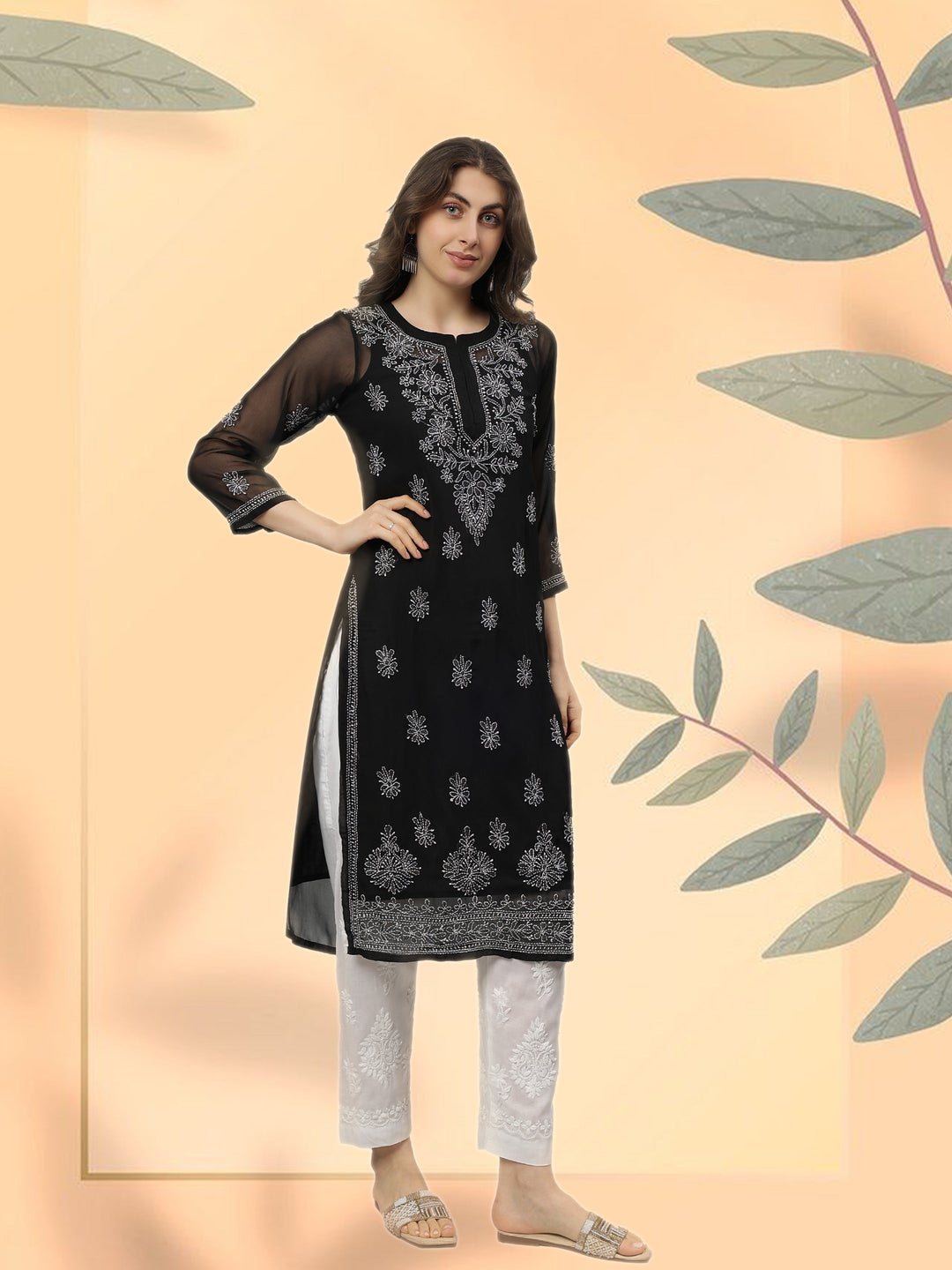 Black-Georgette-Embroidered-Chikankari-Kurta-With-Slip