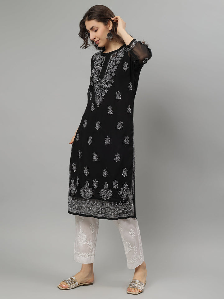 Black-Georgette-Embroidered-Chikankari-Kurta-With-Slip