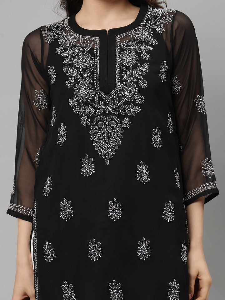 Black-Georgette-Embroidered-Chikankari-Kurta-With-Slip