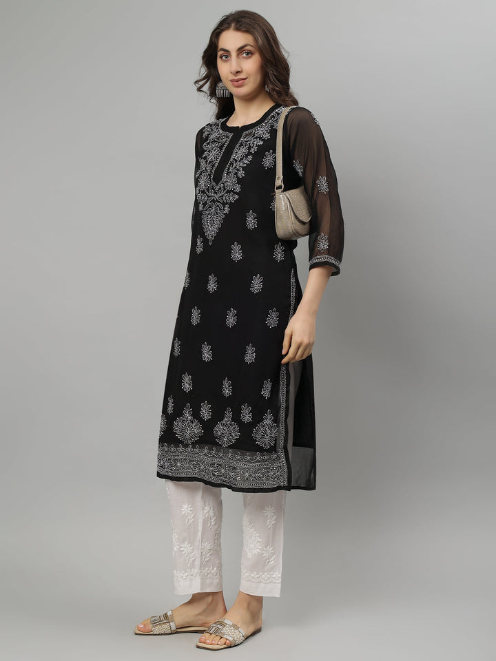 Black-Georgette-Embroidered-Chikankari-Kurta-With-Slip