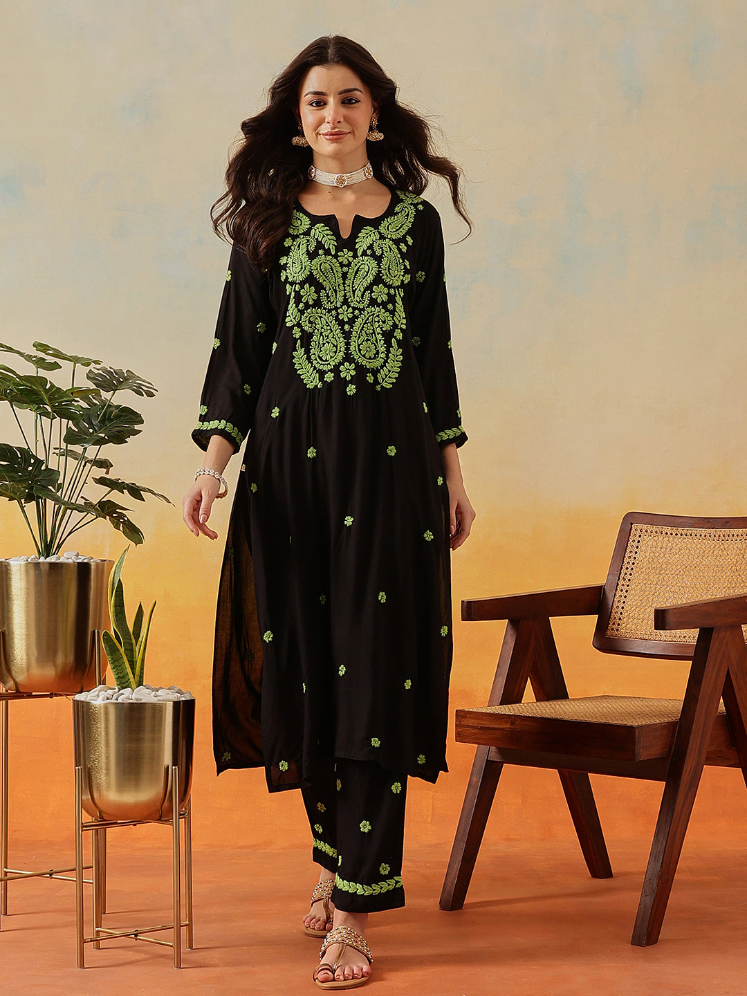 Black-&-Green-Modal-Straight-2-Piece-Kurta-Sets