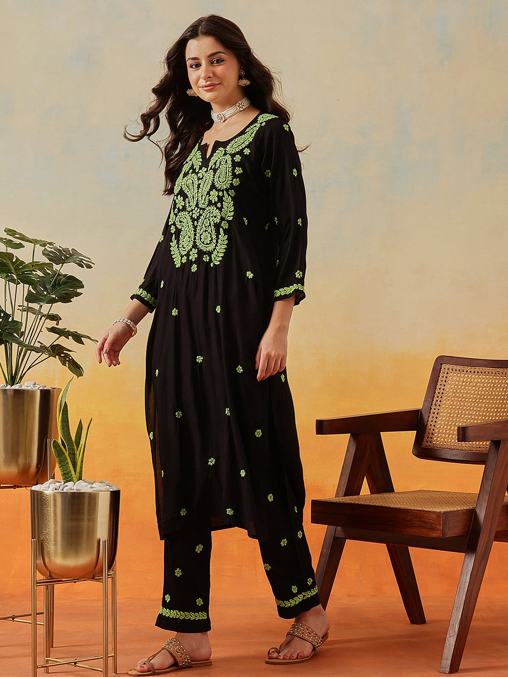 Black-&-Green-Modal-Straight-2-Piece-Kurta-Sets