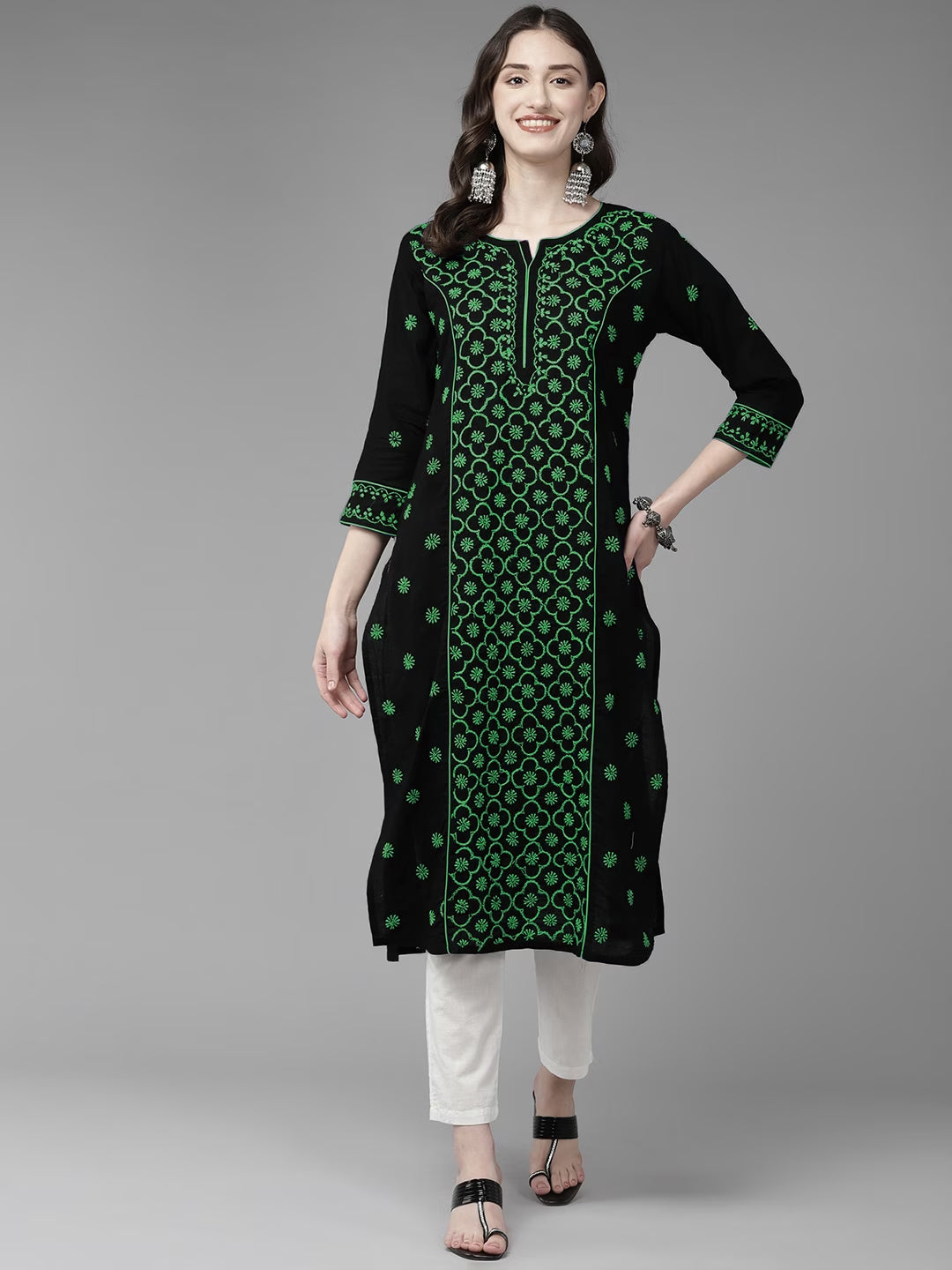 Black-&-Green-Cotton-Embroidered-Chikankari-Kurta