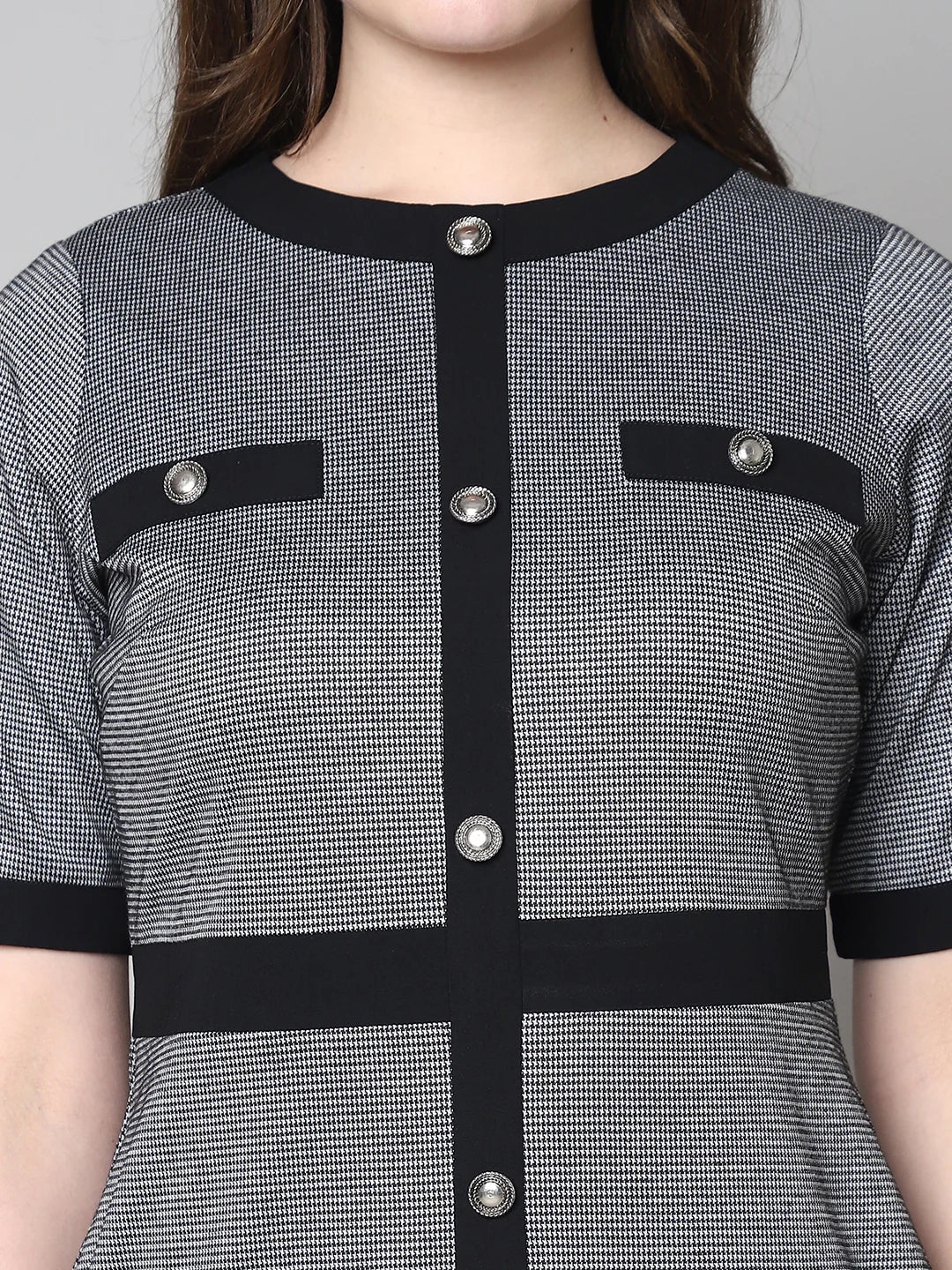 Black-&-Grey-Blended-Button-Detailing-Sheath-Midi-Dress