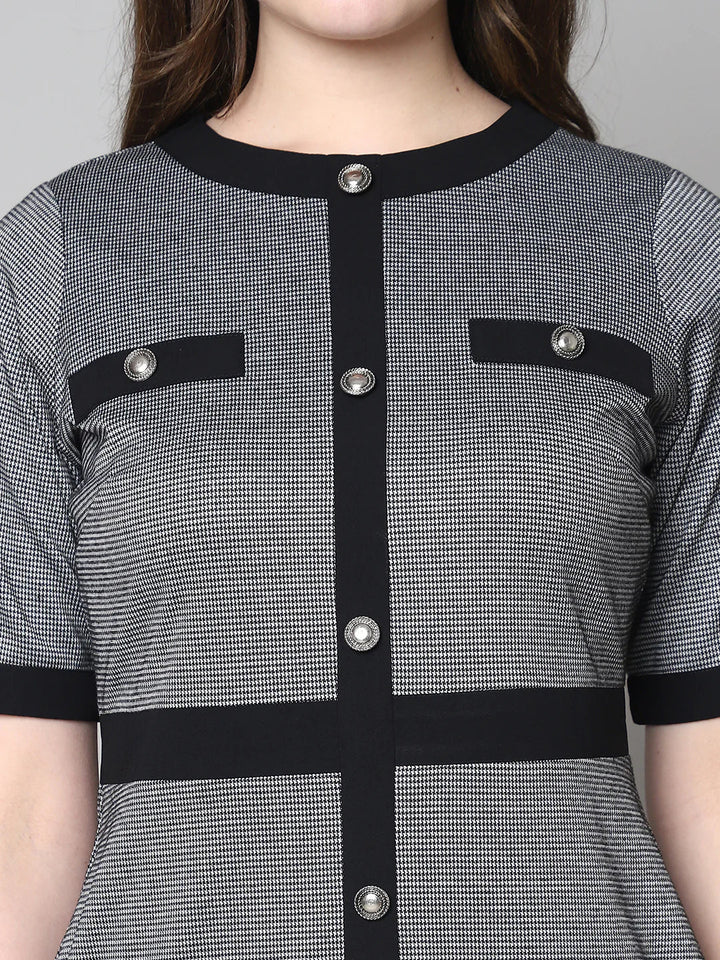 Black-&-Grey-Blended-Button-Detailing-Sheath-Midi-Dress