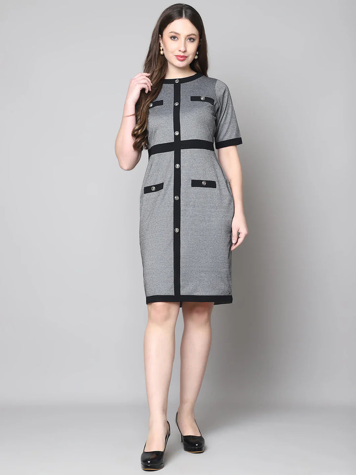 Black-&-Grey-Blended-Button-Detailing-Sheath-Midi-Dress