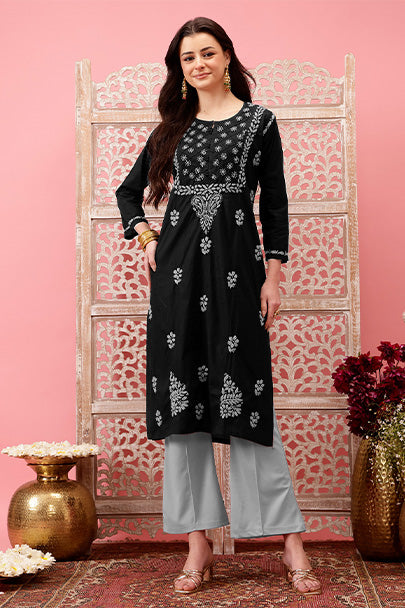 Black-&-Grey-Cotton-Embroidered-Chikankari-Kurta-Only