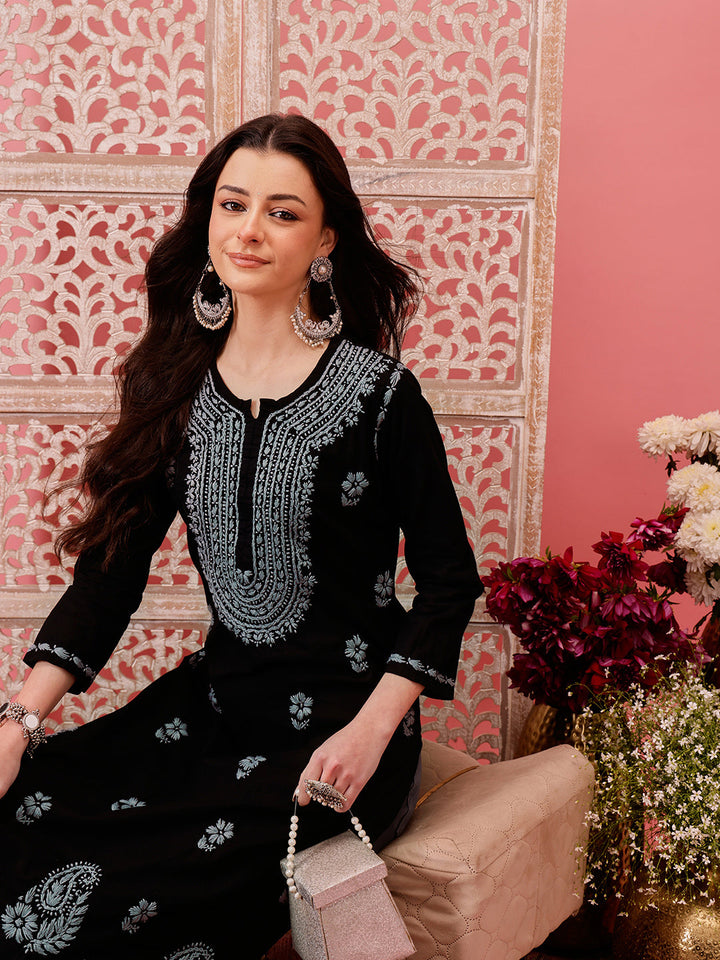 Black-&-Grey-Cotton-Embroidered-Laknowi-Chikankari-Kurta-Only