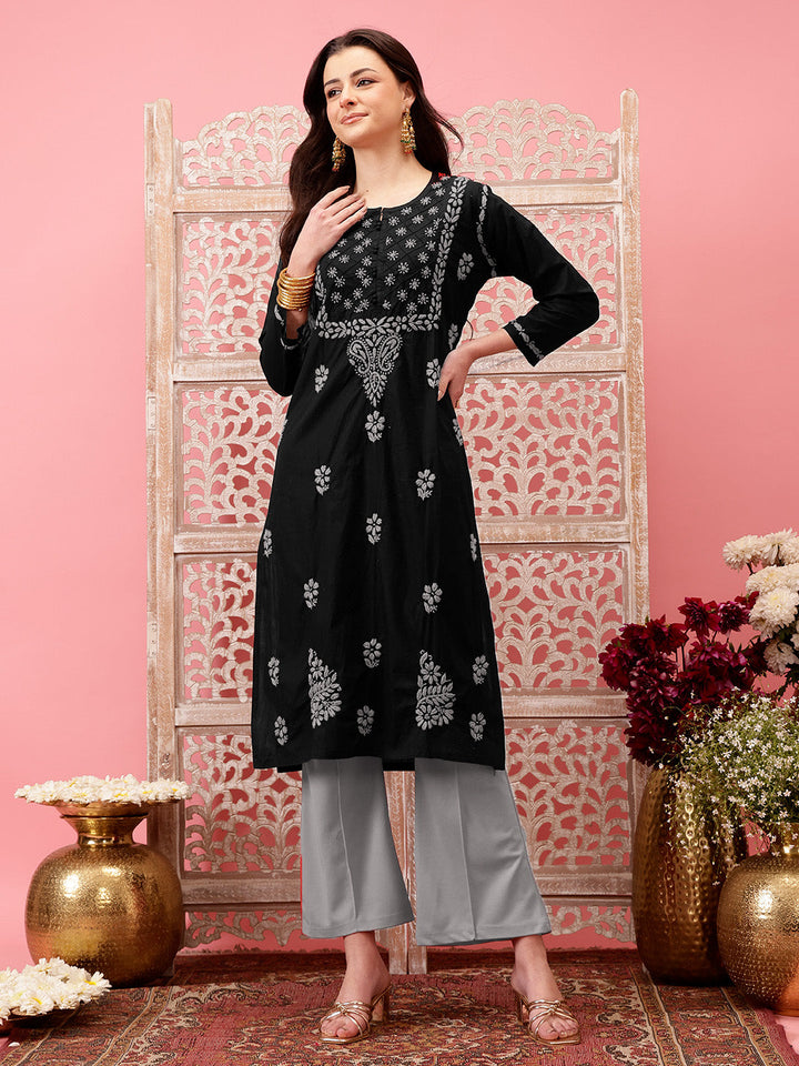 Black-&-Grey-Cotton-Embroidered-Chikankari-Kurta-Only