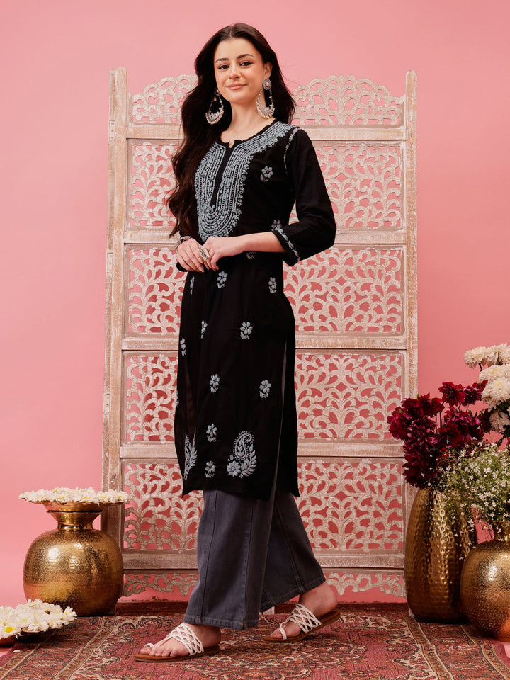 Black-&-Grey-Cotton-Embroidered-Laknowi-Chikankari-Kurta-Only