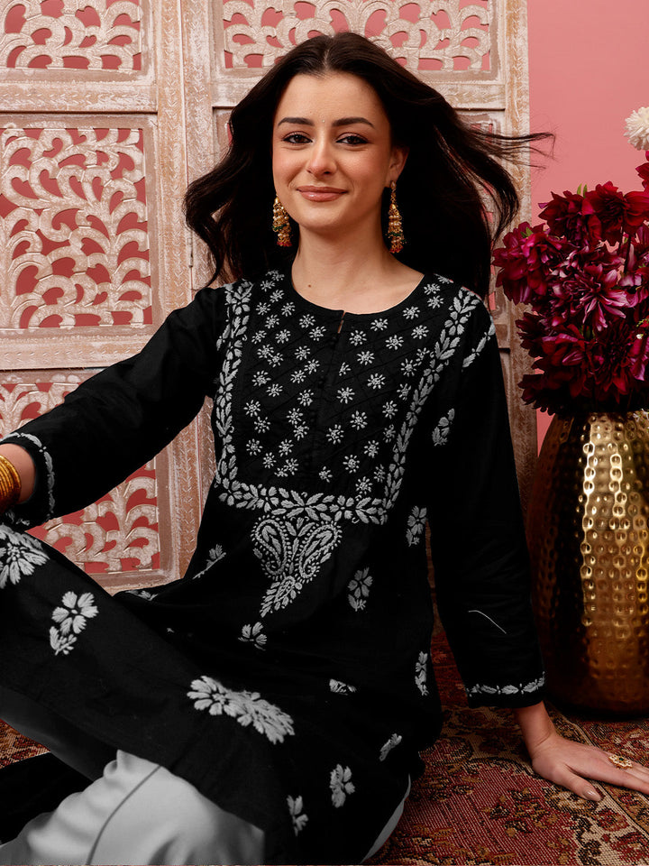 Black-&-Grey-Cotton-Embroidered-Chikankari-Kurta-Only