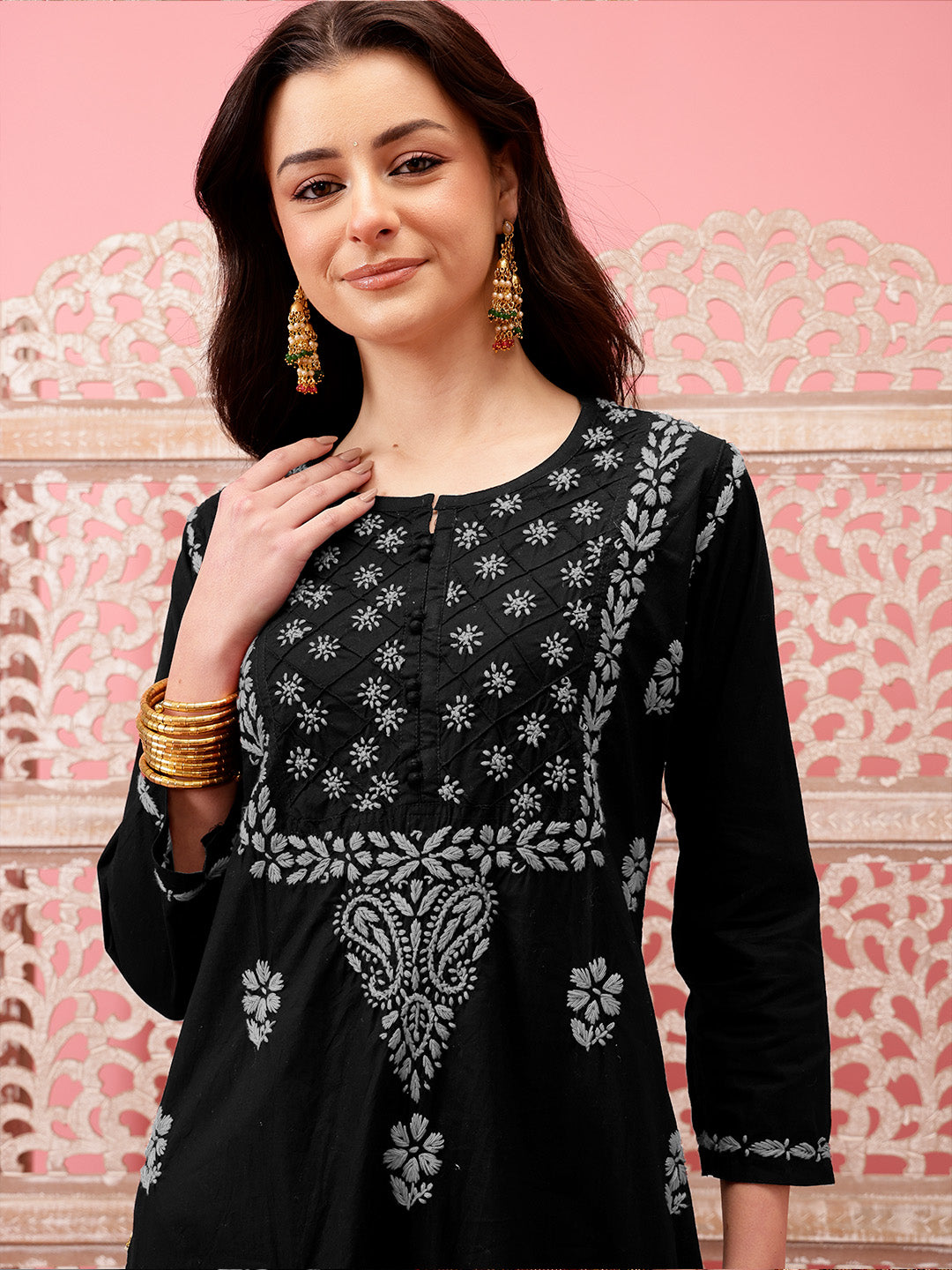 Black-&-Grey-Cotton-Embroidered-Chikankari-Kurta-Only