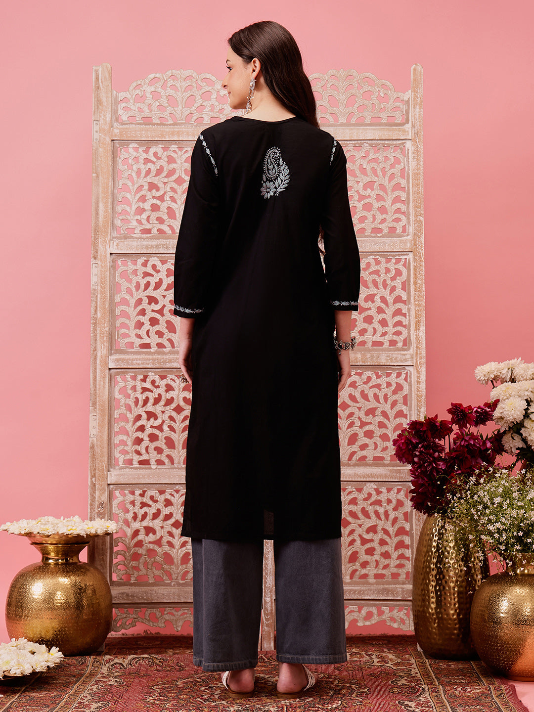 Black-&-Grey-Cotton-Embroidered-Laknowi-Chikankari-Kurta-Only