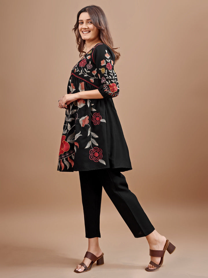 Black-Linen-Embroidered-Flared-Co-Ord-Set
