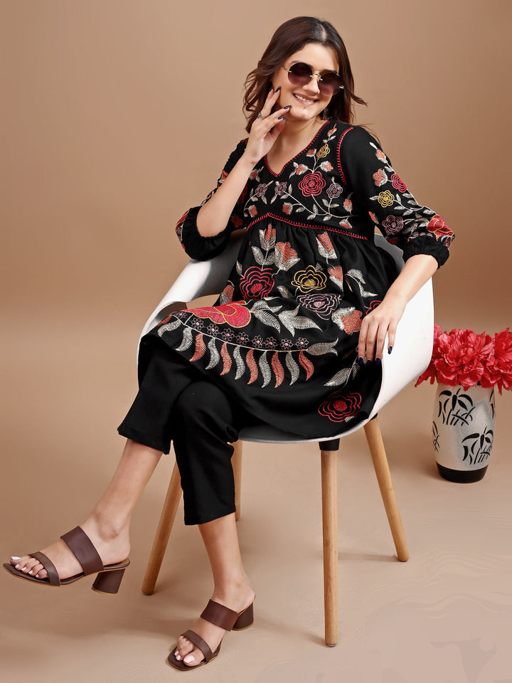 Black-Linen-Embroidered-Flared-Co-Ord-Set