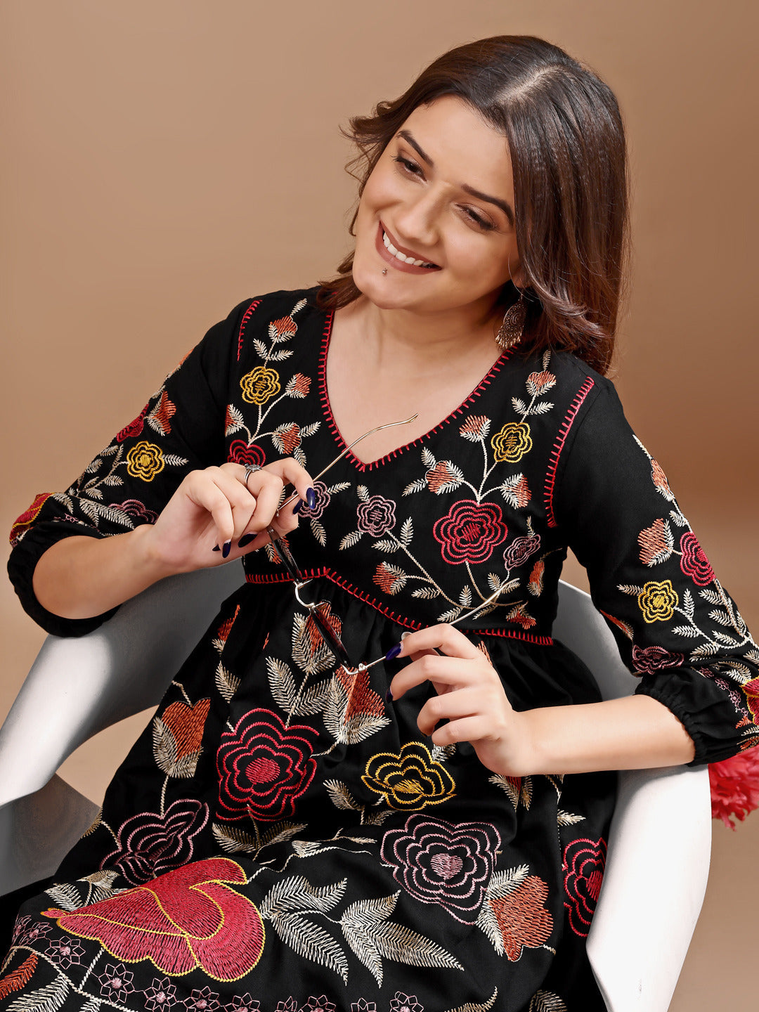Black-Linen-Embroidered-Flared-Co-Ord-Set