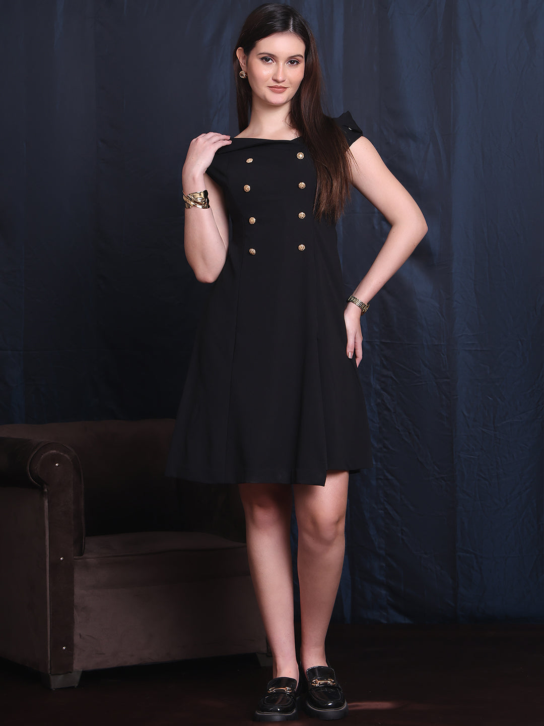 Black-Lycra-Electric-Elegance-Off-Shoulder-A-Line-Dress