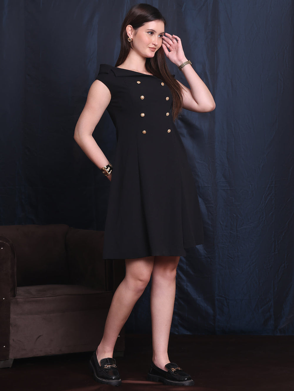 Black-Lycra-Electric-Elegance-Off-Shoulder-A-Line-Dress