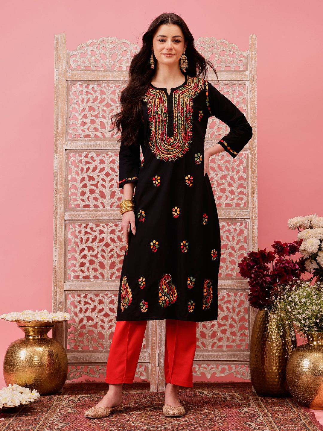 Black-&-Multi-Cotton-Embroidered-Chikankari-Kurta-Only