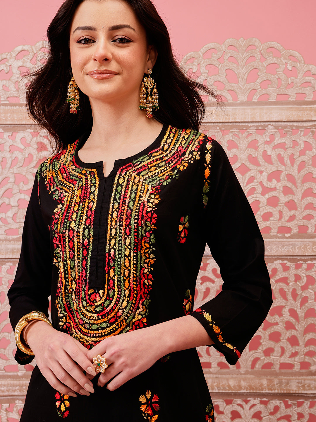 Black-&-Multi-Cotton-Embroidered-Chikankari-Kurta-Only