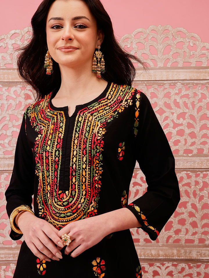 Black-&-Multi-Cotton-Embroidered-Chikankari-Kurta-Only
