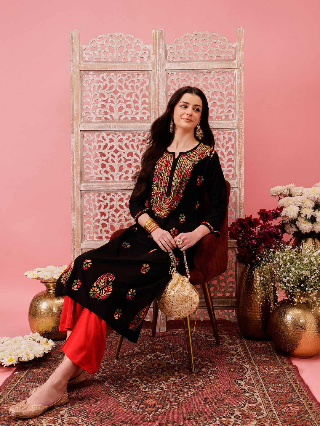 Black-&-Multi-Cotton-Embroidered-Chikankari-Kurta-Only
