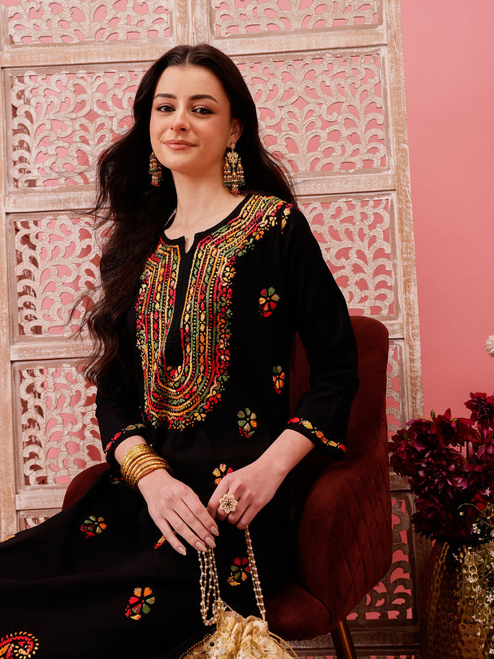 Black-&-Multi-Cotton-Embroidered-Chikankari-Kurta-Only
