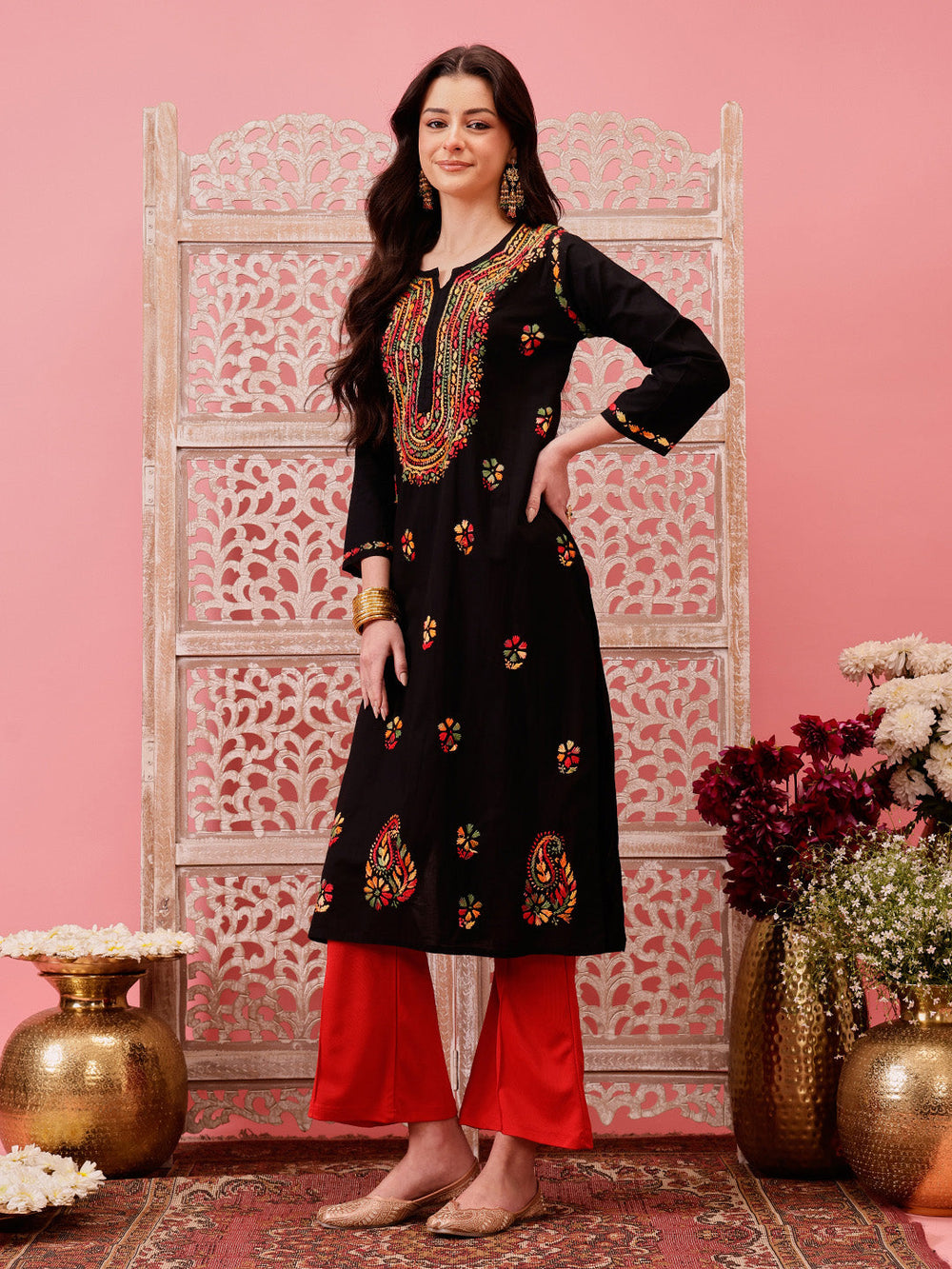 Black-&-Multi-Cotton-Embroidered-Chikankari-Kurta-Only
