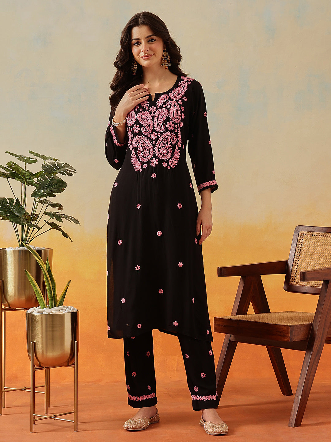 Black-&-Pink-Modal-Embroidered-2-Piece-Kurta-Sets