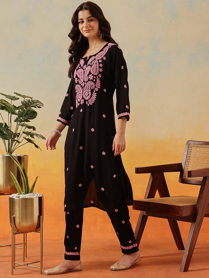 Black-&-Pink-Modal-Embroidered-2-Piece-Kurta-Sets