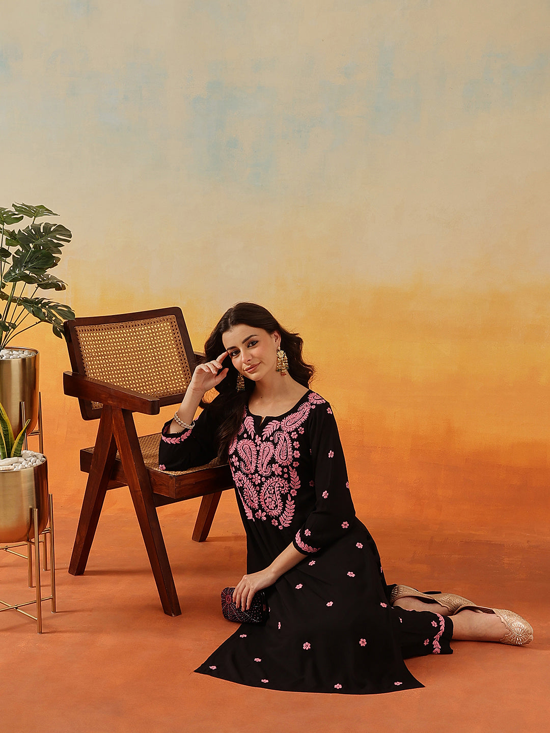 Black-&-Pink-Modal-Embroidered-2-Piece-Kurta-Sets