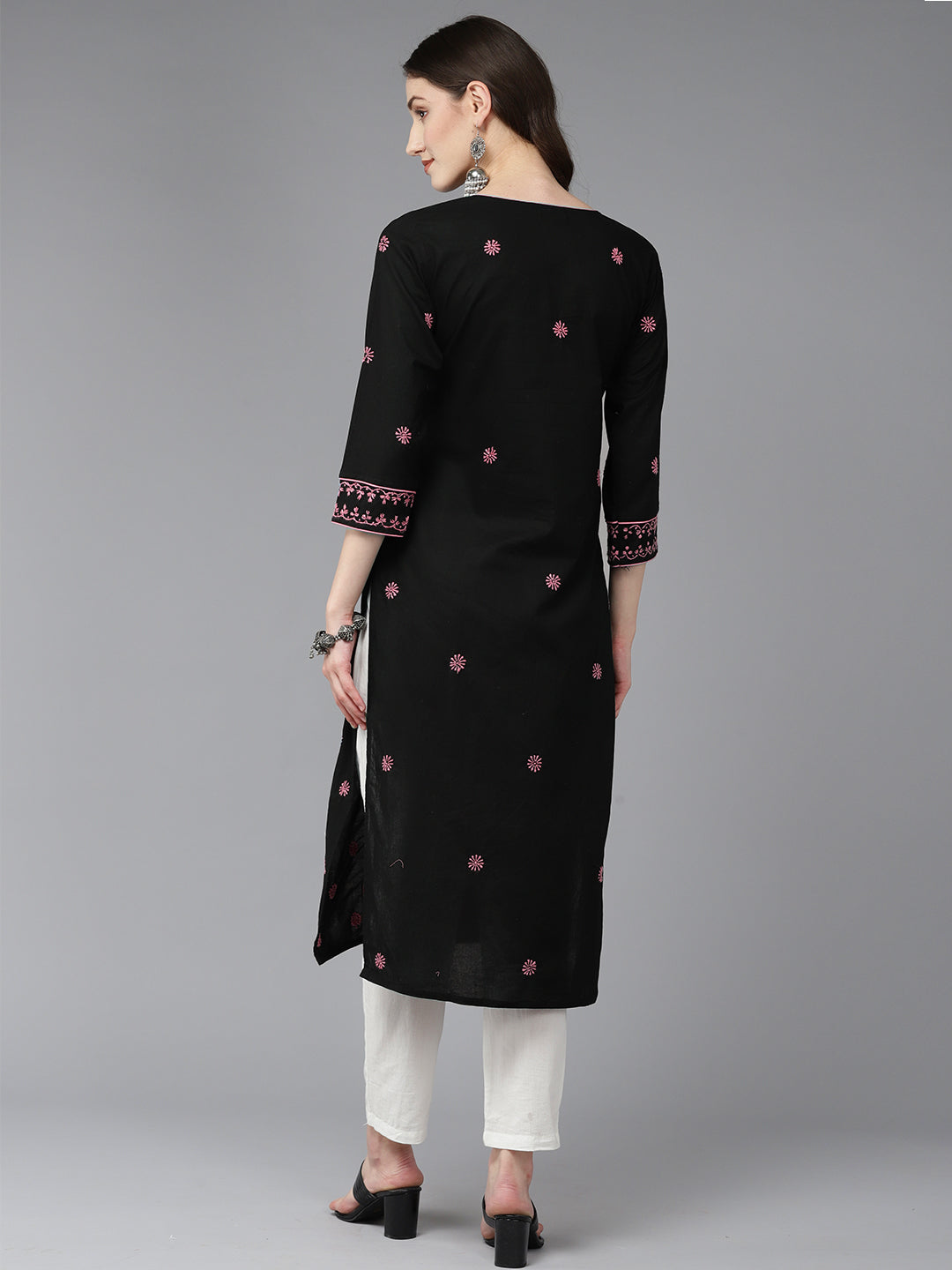 Black-&-Pink-Cotton-Embroidered-Chikankari-Kurta