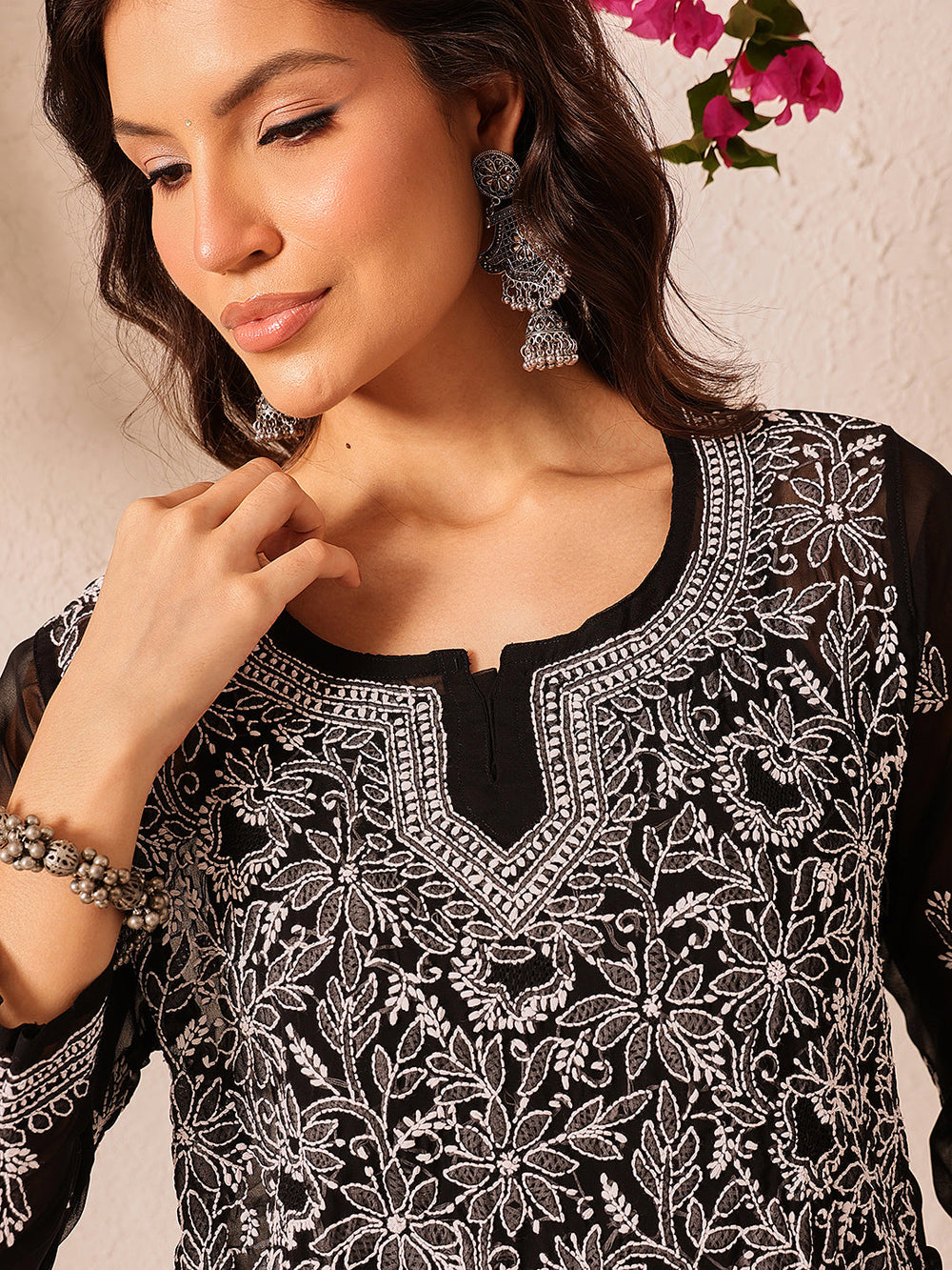 Black-Poly-Georgette-Lucknowi-Chikankari-Short-Kurta-ONLY