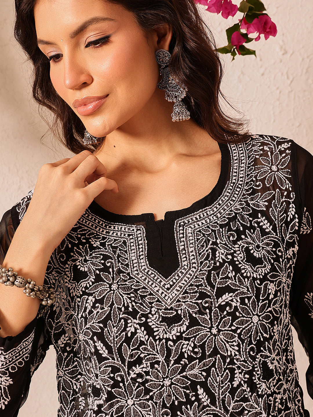 Black-Poly-Georgette-Lucknowi-Chikankari-Short-Kurta-ONLY