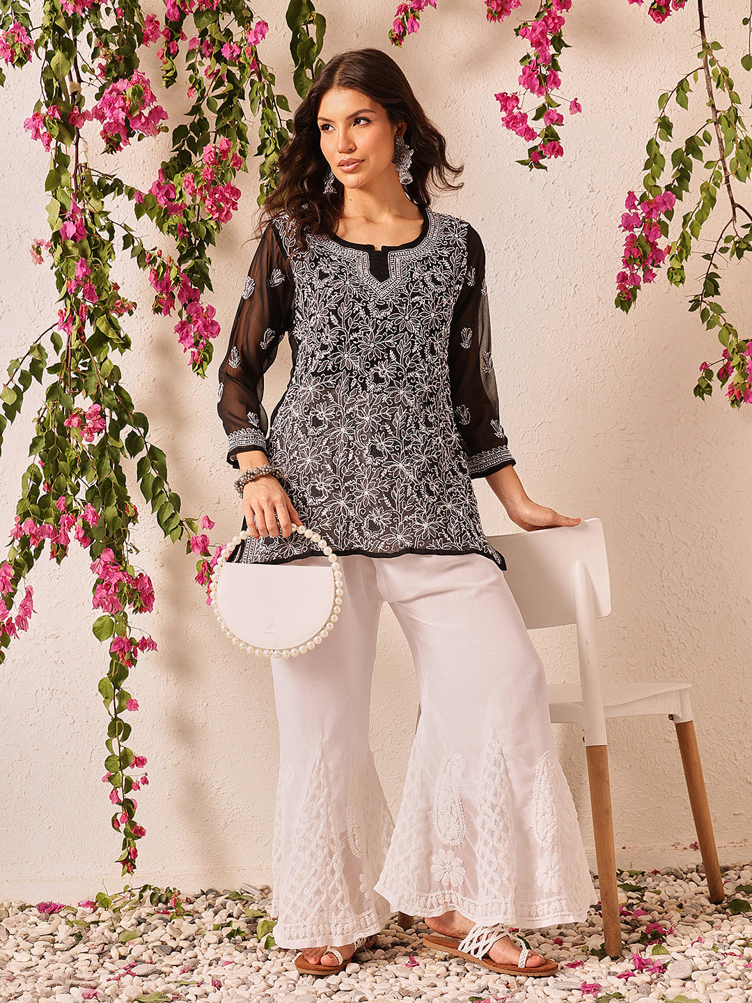 Black-Poly-Georgette-Lucknowi-Chikankari-Short-Kurta-ONLY