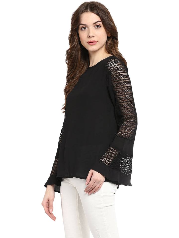 Black-Poly-Gerogette-Lace-Bell-Sleevetop