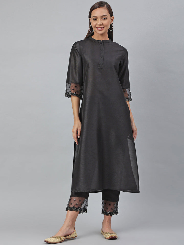 Black Poly Silk Solid Kurta & Pant Set